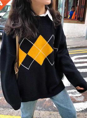 Korean College Style Autumn Winter Geometric Pattern Argyle