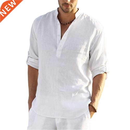 KB New Men's Casual Blouse Cotton Linen Shirt Loose Tops Lon