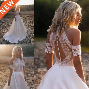 Bohemian Wedding Dresses 2021 Lace Satin Bridal Gowns Butto