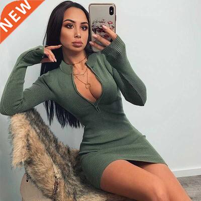 Women Winter Fall Bodycon Ribbed Dress 2020 New Stand Collar