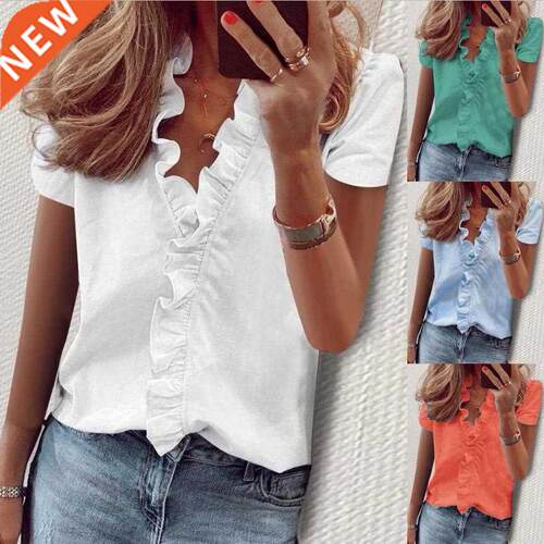 Women Plain Ruffle Blouse 2021 Summer Solid Color Short Slee