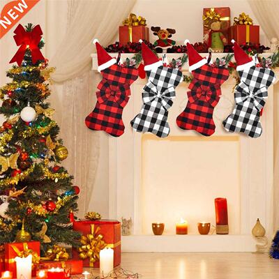 Dog Christmas Stockings Buffalo Plaid Bone Shape Fireplace