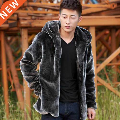 Fashion Winter Mens Faux Fur Mink Fur Coat Short Gray Hooded