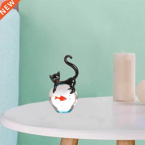 Crystal Cat and Fish Figurine Ornament Miniature Glass