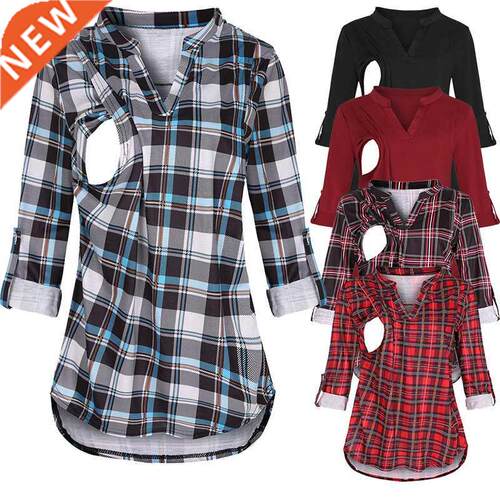 Summer Women Maternity Plaid Print Clothes Breastfeeding Top