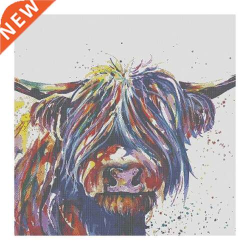 Cross Stitch Kits For Adults,Colorful Highland Cow, Printed