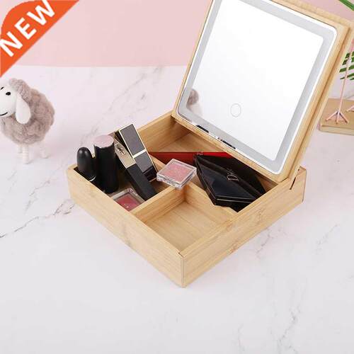 Natural Wood Cosmetic Storage Box with LED Light Portable
