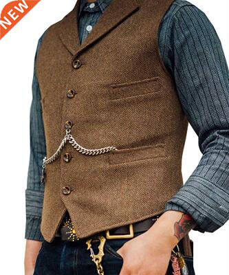 Men	s Suit Vest Brown Wedding Wool Tweed Business Wai