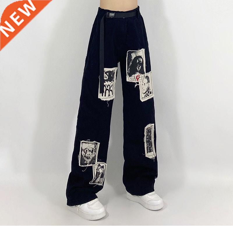 Grunge Punk Patchwork Black Jeans Women Hip Hop Setwear Prin
