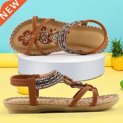 Rhinestone Sandals Ladies 2022 Retro Elastic Band Flat Summe