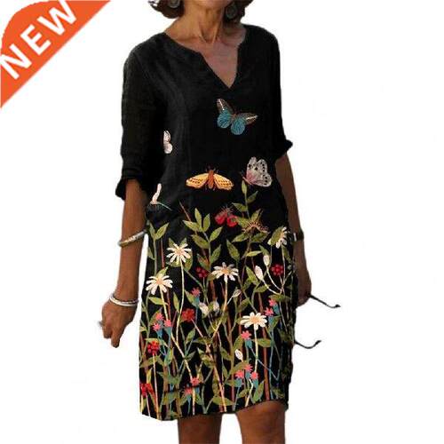 Hot apparel Vintage Dress Women Printed Loose Half Sleeve V