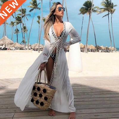 2021 Crochet White Knitted Beach Cover up dress Tunic Long P