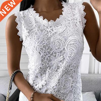 Vintage Lace Jacquard T-Shirt Women Summer Sleeveless Solid