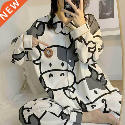 Cow Print Pajamas Two Piece Set Autumn Pijamas Women Cotton