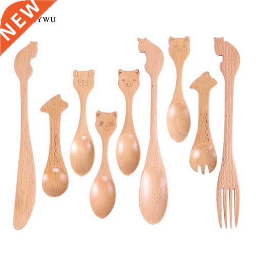Children Kids Wooden Cartoon Tableware Spoon Fork Knife