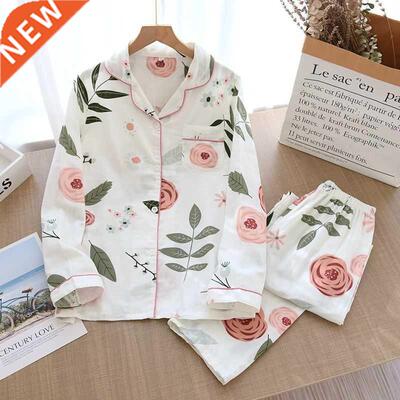 2022 Ladies Pajamas Set 100% Gauze Cotton Cartoon Rose Print