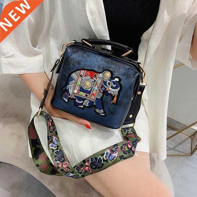Vintage Embroidery Elephant Bag Bags Wide Butterfly Strap PU
