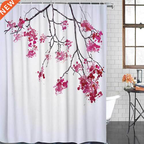 Plant Pink Flower Branch Shower Curtain Polyester Fabric