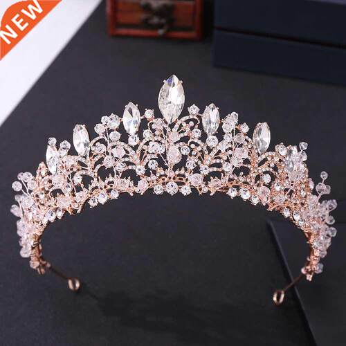 Baroque Luxury Rose Gold Crystal Beads Heart Bridal Tiaras C