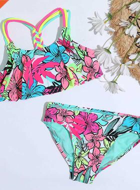 4-18 Years Flounce Girl Swimsuit Kids Tropical Floral Two Pi