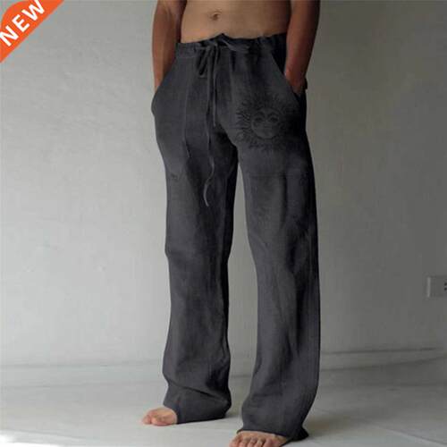 2022 Autumn New Men's Casual Cotton Linen Print Pants Male