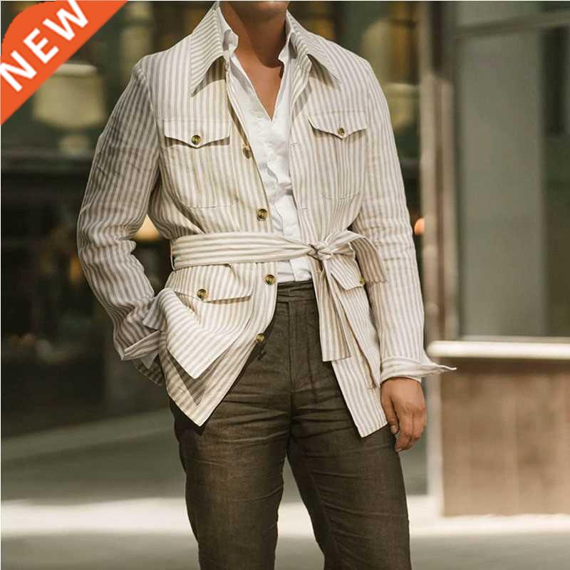 Men's Long Sleeve Striped Shirt Casual Sreetwear Button Pock-封面
