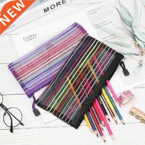 1pc Rainbow Color Mesh Pencil Case Mesh Document Bag