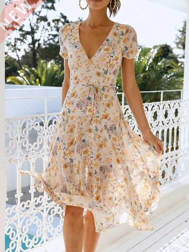 Office Women V Ne High Waist Slim Dress Summer Elegant Flo