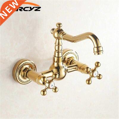 Kitchen Faucet Dual Cross Handles Wall Brass Gold H