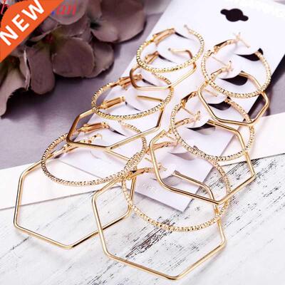 6 Pir Women Lrge Circle Silver Color Hoop Errings Gold fo