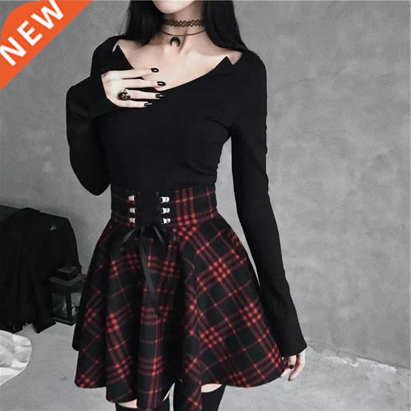 Black Checkered Women's Gothic Skirt Women Pleated P