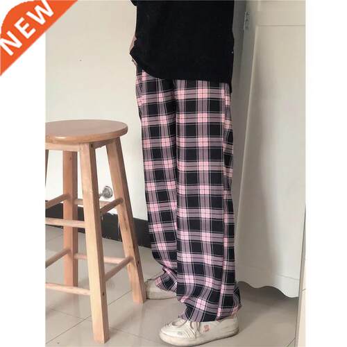 Black and pink Plaid pants Oversize New Women Casual Loose W