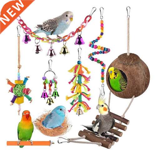 8 Pack Bird Parrot Toys,Hanging Wooden Coconut Birds House w