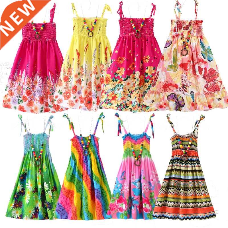 2022 Summer Girls Floral Dress Sling Ruffles Bohemian Beach图片