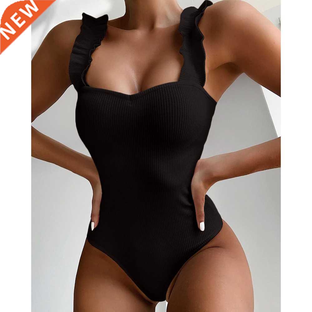 Vintage Swimsuit Women One Piece Ruffle Strap Swimwear Femal