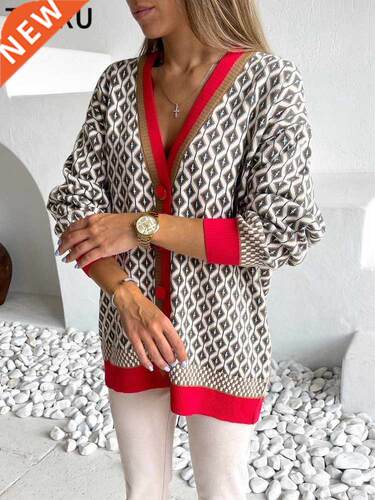 TYHRU Women's Knitting Sweater Color Matching Diamond Lattic