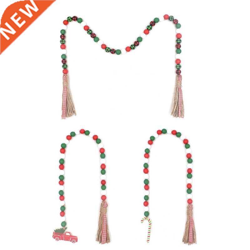 L9NB Christmas Wood Bead Garland with Tassels Rustic Plaid