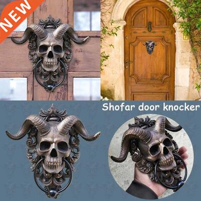 Horned Skull Hanging Door Knocker retro Skeleton Head Art