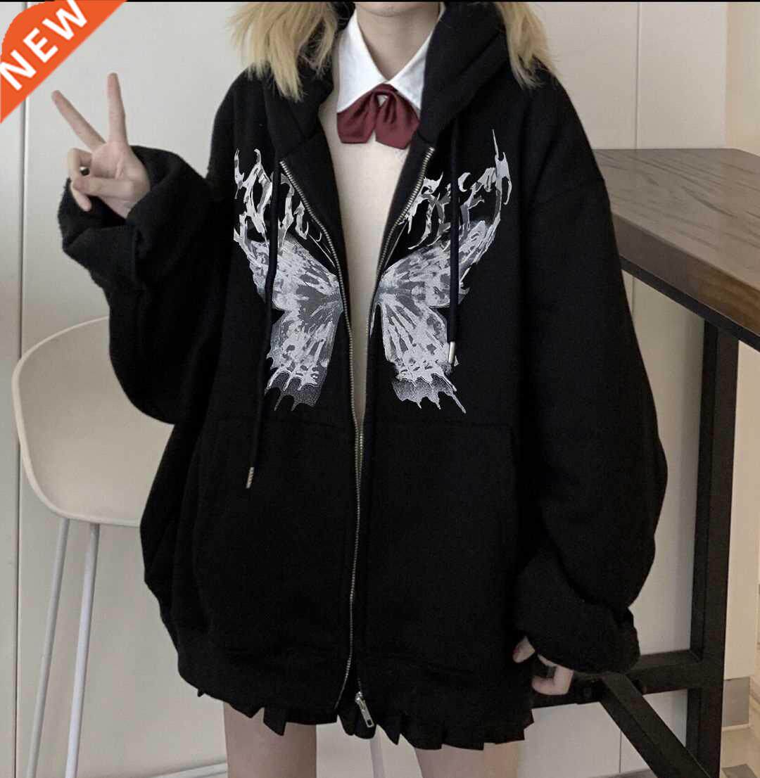 y2k harajuku women hoodies oversize butterfly print zipper s