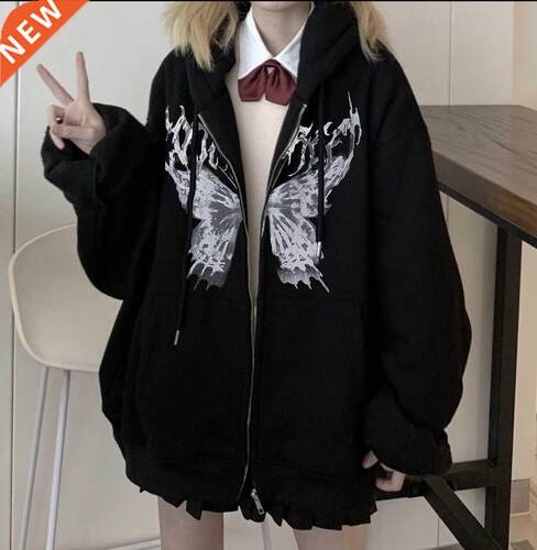 Y2K Harajuku Women Hoodies Oversize Butterfly Print Zipper S