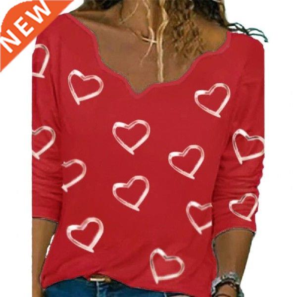 Spring T shirt Women Irregular V Neck Gold Stamping Heart