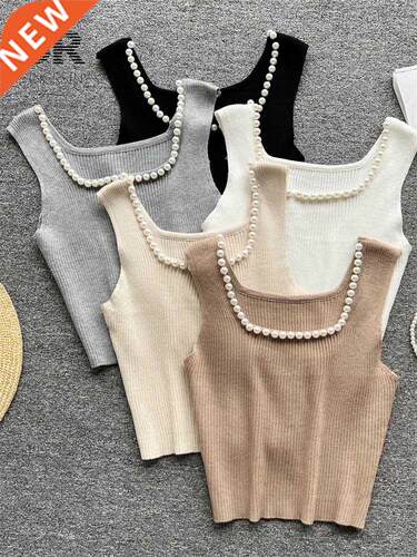 SINGREINY 2022 Summer Pearl Tank Tops Women O Neck Fashion S