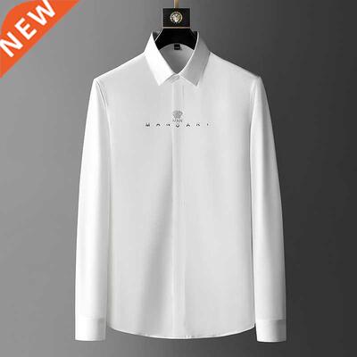 Letter Embroidery Men's Shirt Slim Fit Long Sleeve Business