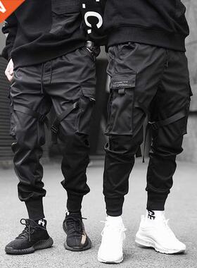 Men Ribbons Color Block Black Pocket Cargo Pants 2019 Harem