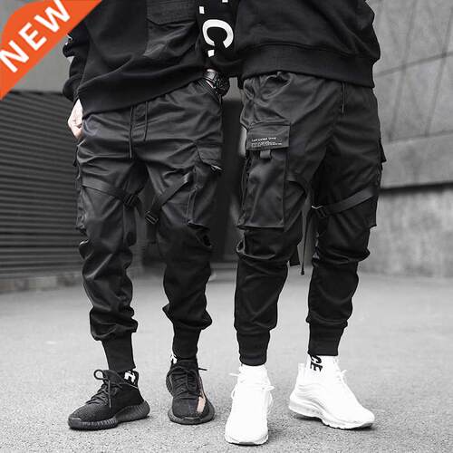 Men Ribbons Color Block Black Pocket Cargo Pants 2019 Harem