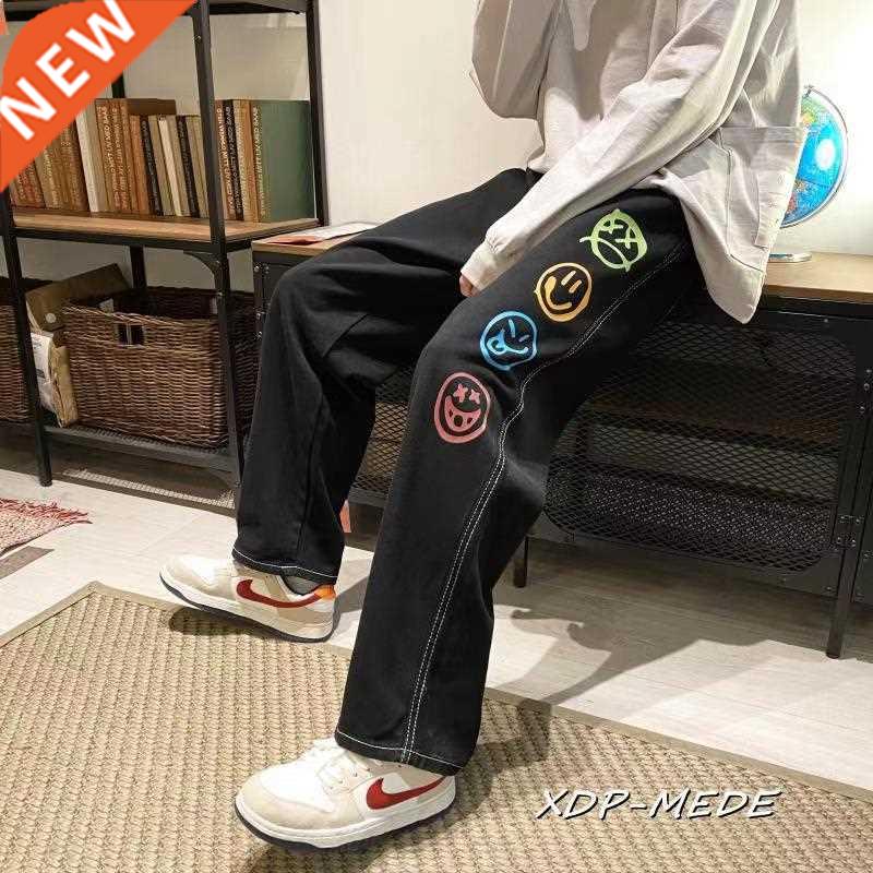 Colorful Smiley Print Black Jeans for Mens Straight Leg Pant