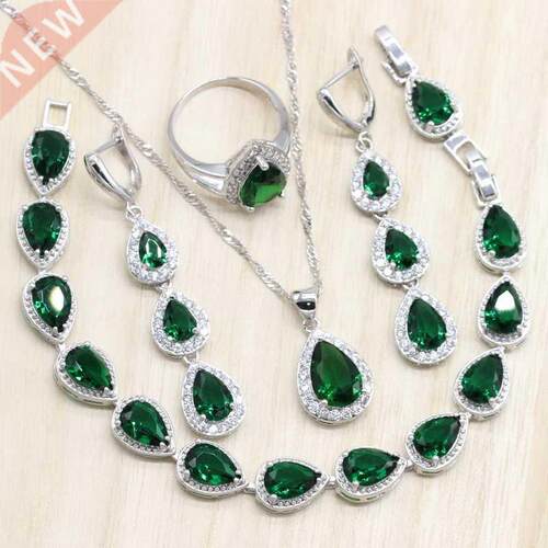 Silver Color Jewelry Sets Green Cubic Zircon Long Earrings/P