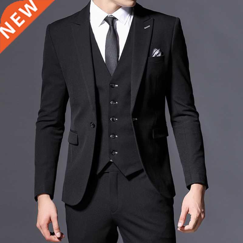 3 piece Black Slim fit Men Suits for Boyfriend with Peaked L