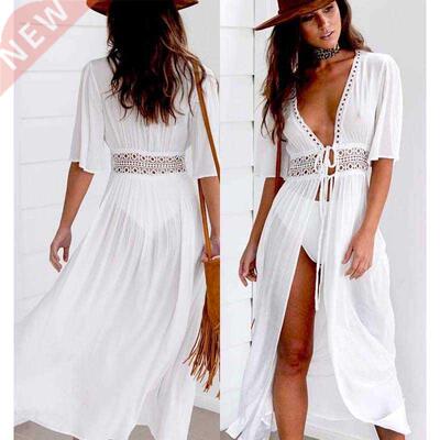 S-3XL Plus Size Women Beach Dress Solid Black White Lace Bea