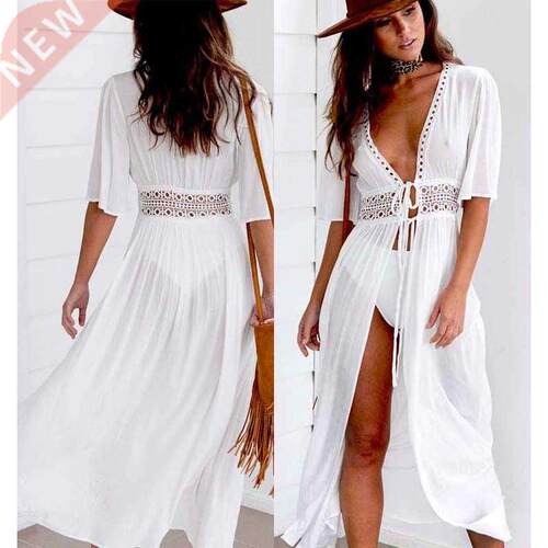 S-3XL Plus Size Women Beach Dress Solid Black White Lace Bea